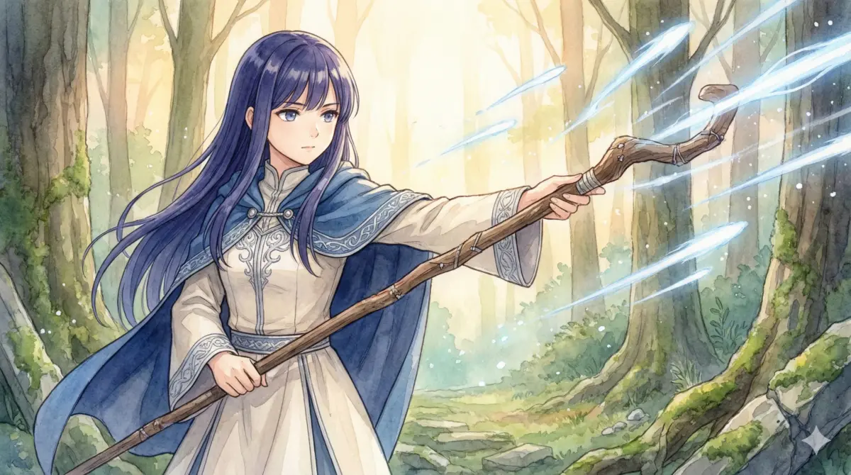 森の中で杖を構え、一般攻撃魔法ゾルトラークを圧倒的な速射で放つ天才魔法使いフェルンの勇姿