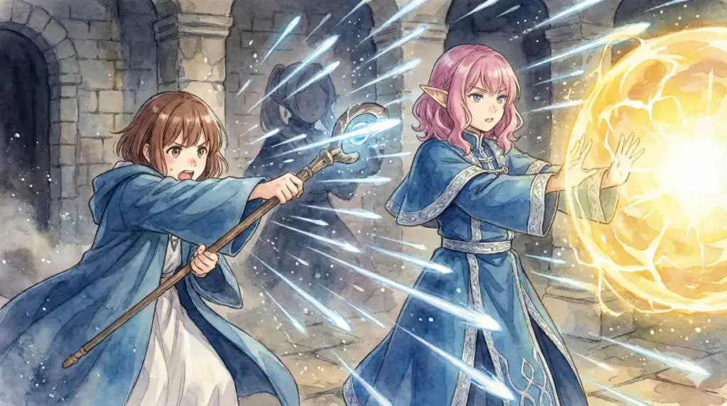 フリーレンの複製体に対し、師匠との信頼を背に一般攻撃魔法で一瞬の隙を作るフェルンの共闘