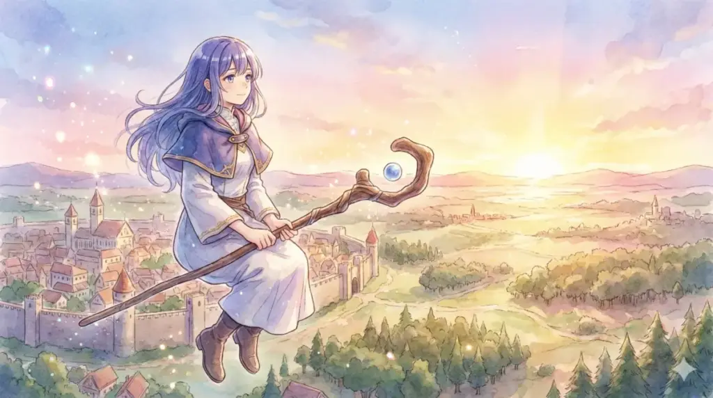 夕焼けの空を飛行魔法で進み、新しい時代の魔法使いとして旅を続けるフェルンの美しい情景