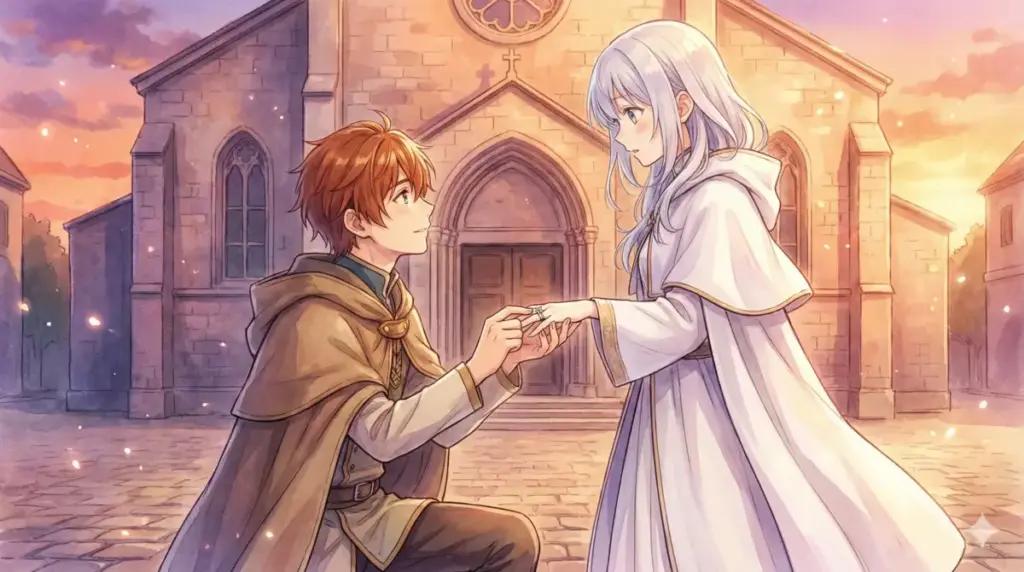 鏡蓮華の指輪をフリーレンの左手の薬指に嵌め久遠の愛情を誓い跪くヒンメルの名シーン