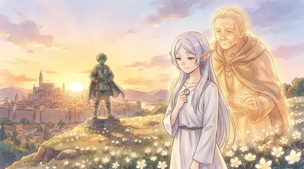 蒼月草の花畑で微笑むフリーレンの背後に幽霊として寄り添うヒンメルの永遠の守護魔法