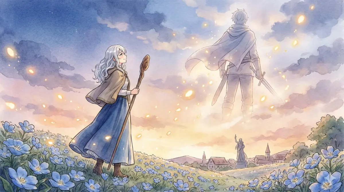 花畑で勇者ヒンメルの背中と銅像を見つめ「勇者ヒンメルならそうした」の真実に触れるフリーレン