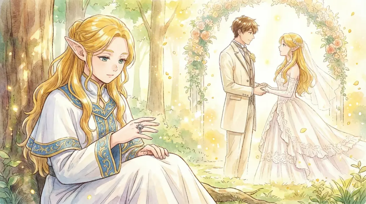 指輪を見つめるフリーレンの背景に幻の結婚式を描いた「世界一長い初恋の物語」のアイキャッチ画像