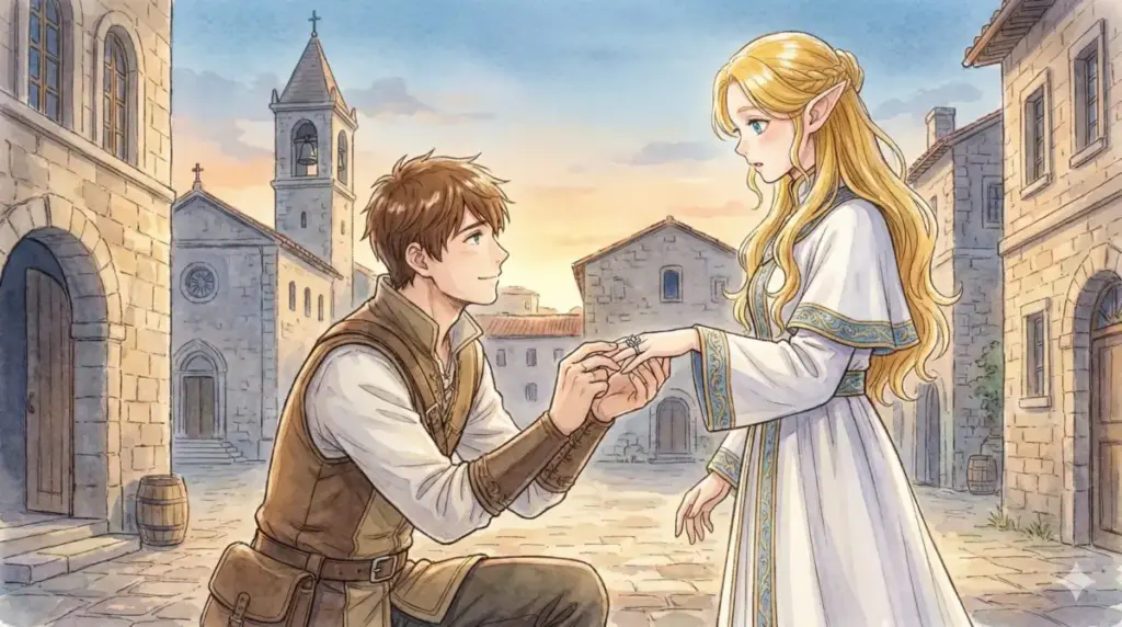 アニメ14話でヒンメルがフリーレンに跪き鏡蓮華の指輪を渡す実質的なプロポーズのシーン