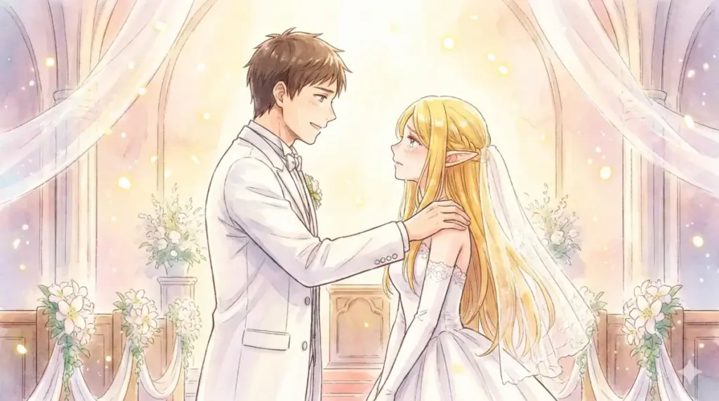 原作117話の「幻の結婚式」で涙ぐむフリーレンの肩に手を置くタキシード姿のヒンメル