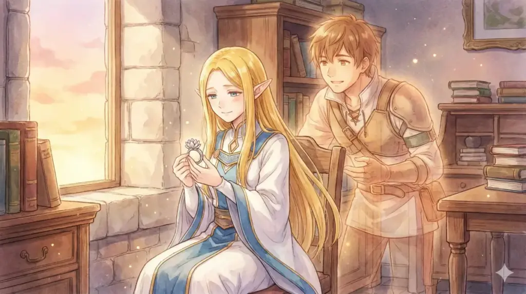 指輪を見つめるフリーレンと背後のヒンメルの幻影で恋の自覚について解説するFAQイラスト