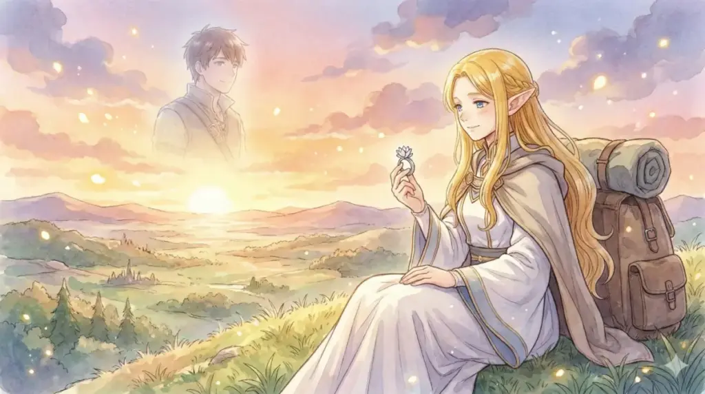 夕暮れの丘で指輪を見つめるフリーレンとヒンメルの幻影を描く「遅すぎた初恋」のイラスト