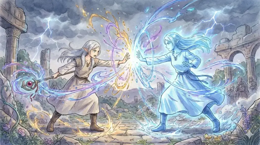 自身の複製体クローンと80年ぶりの本気で激突し大魔法をぶつけ合うフリーレンの激闘シーン