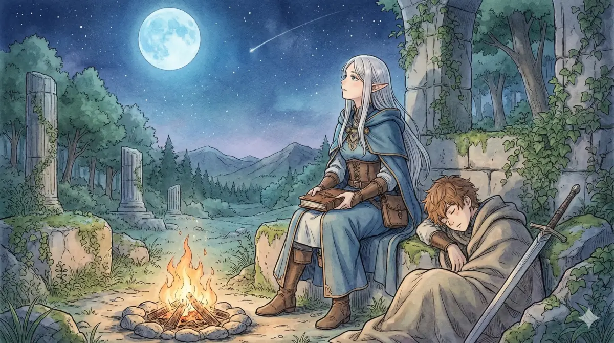 月夜に焚き火を囲むエルフと少年が象徴する葬送のフリーレンの悠久の旅と喪失感を描くアイキャッチ