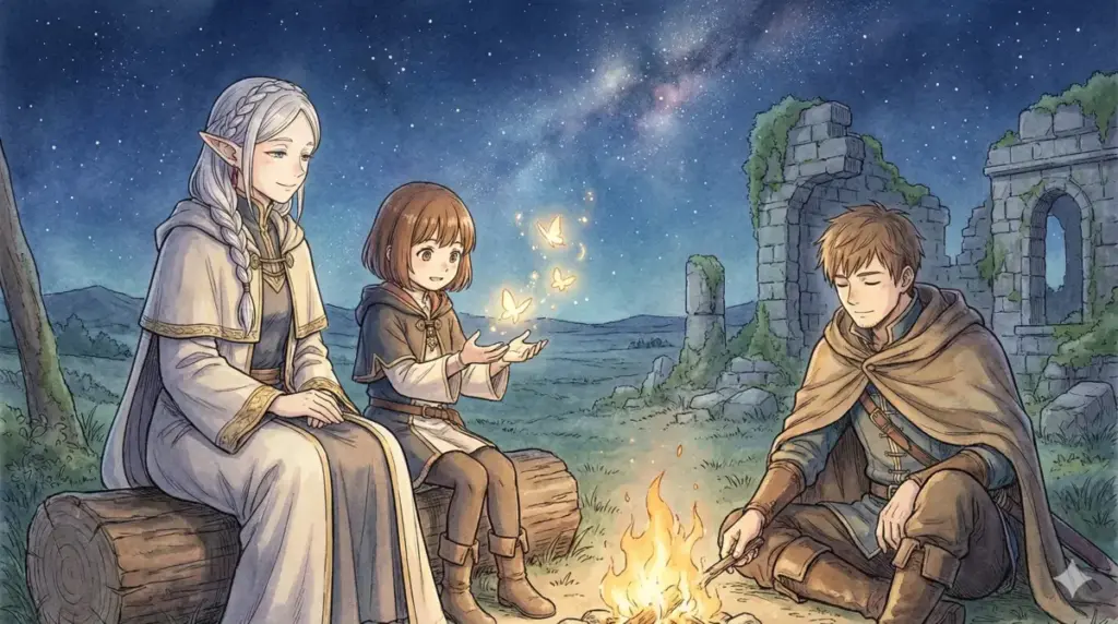 葬送のフリーレンの魅力を悠久の時、旅情、師弟の絆の3成分で分析し類似作品を紹介する解説イラスト