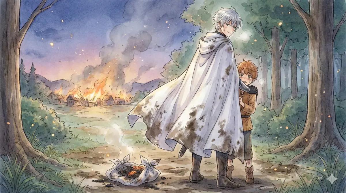 泥だらけの白い外套を纏い、弟シュタルクを背に守りながら穏やかに微笑む兄シュトルツ