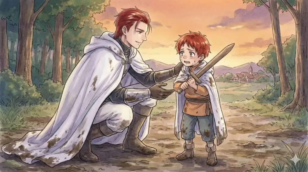 稽古中に泥を跳ねさせた弟に目線を合わせ、戦士としての才能を褒める優しい兄シュトルツ