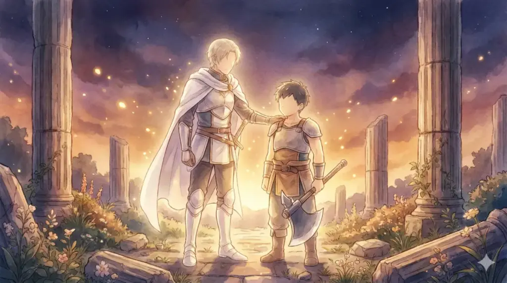 白い外套の兄シュトルツが弟シュタルクの肩を抱き、才能と絆を象徴する回想シーンのイラスト