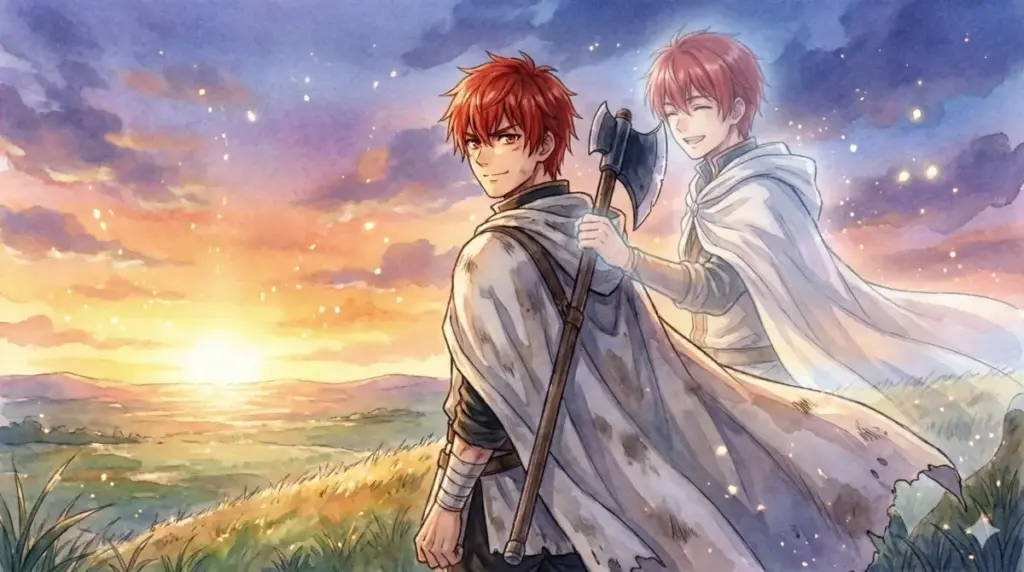 夕暮れの丘で兄の遺志を継ぎ、誇り高き戦士として旅立つシュタルクを見守る兄の幻影