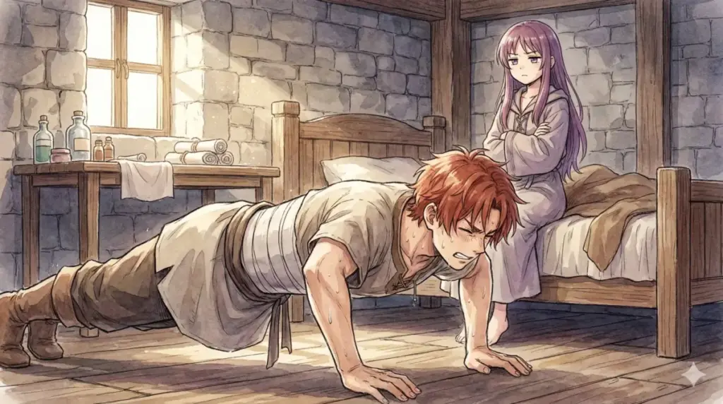 腹部貫通の翌日に筋トレをしてフェルンに引かれるシュタルクの異常な回復力を描く図