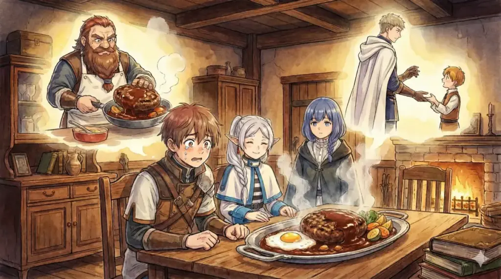 誕生日の巨大ハンバーグを前に師匠アイゼンと兄の記憶を思い出し涙するシュタルク