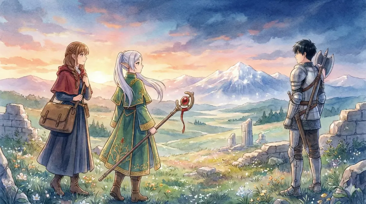 葬送のフリーレン2期放送開始に向け旅立ちの決意を胸に荒野を見つめるフリーレン一行のアイキャッチ