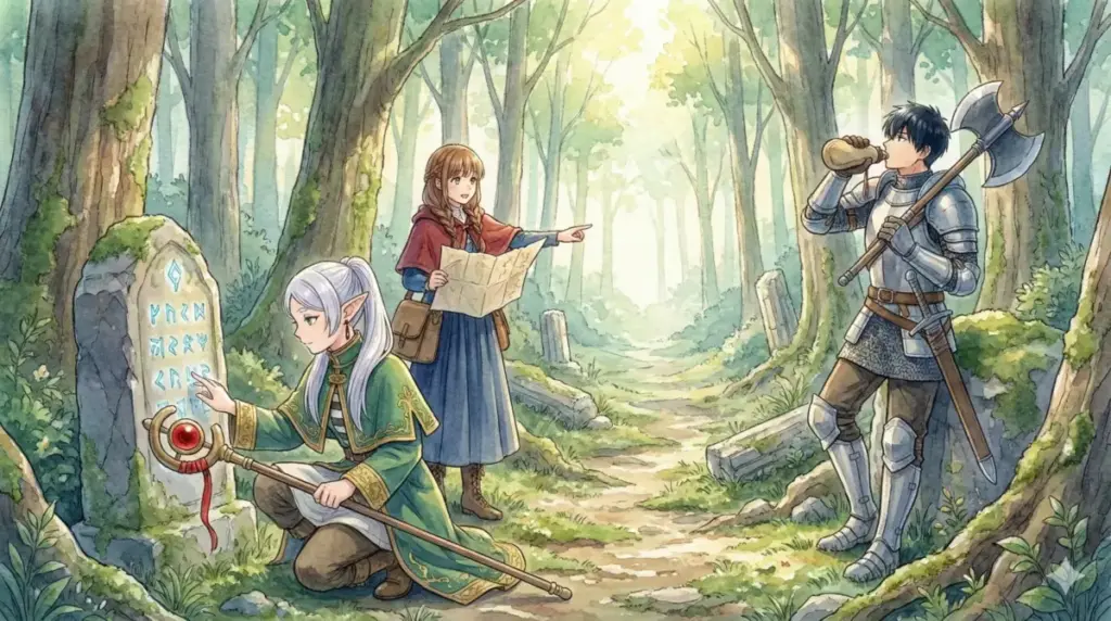 金曜夜の2期放送と最速配信スケジュールを確認し森で石碑を見るフリーレンたちの旅路