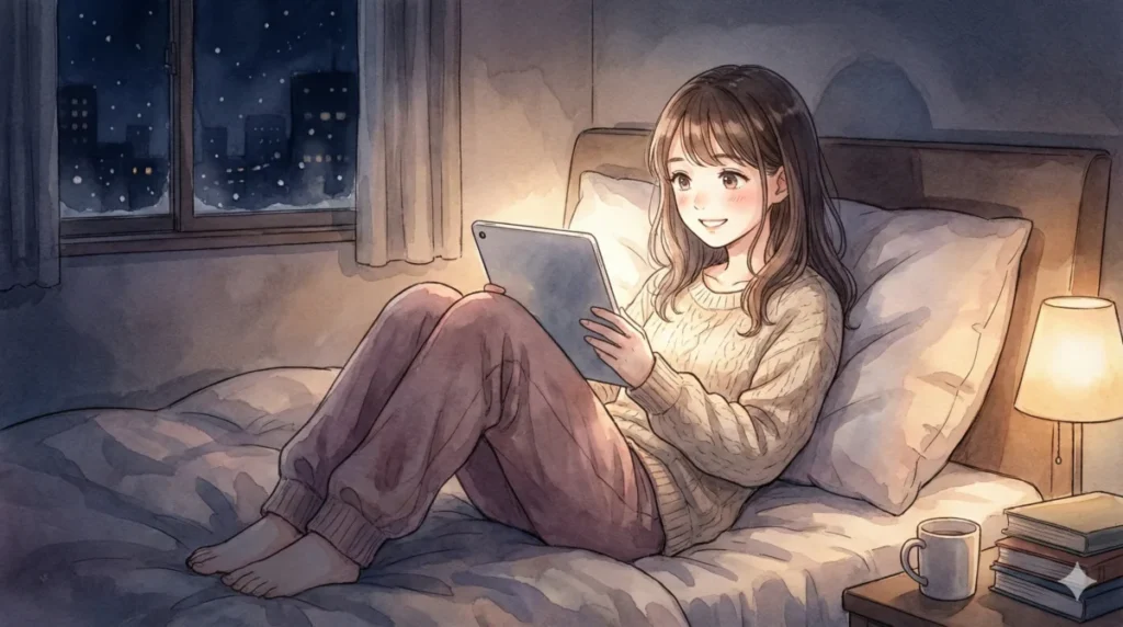 葬送のフリーレン2期の放送日と最速配信スケジュールについてベッドでくつろぎながらタブレットで確認する女性