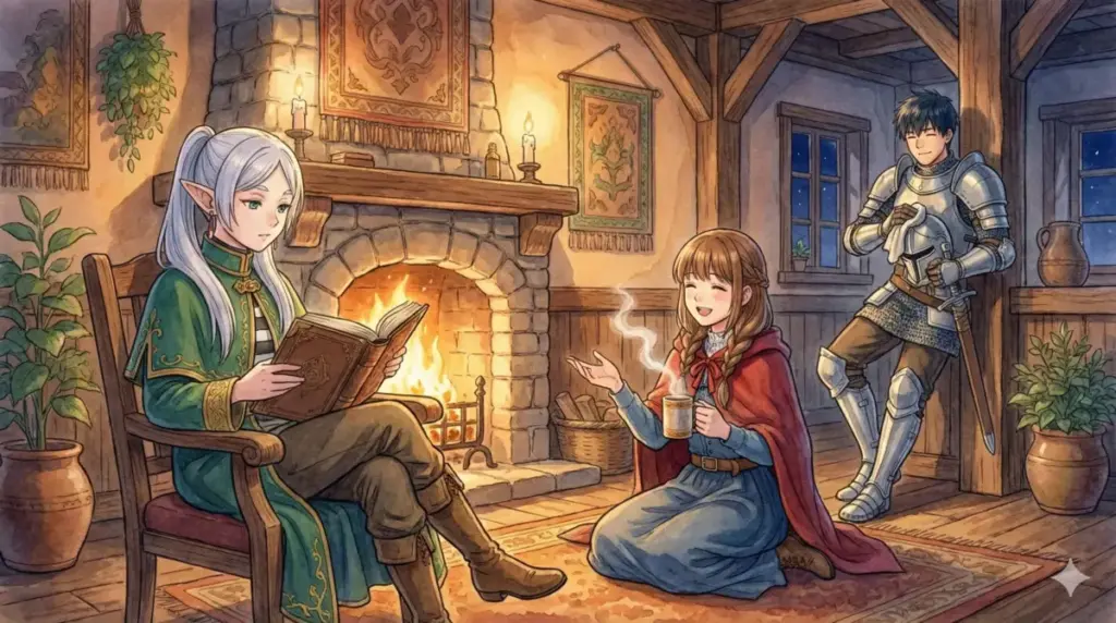 おすすめ動画配信サービスを比較し宿屋でくつろぐフリーレンとフェルンとシュタルクの様子