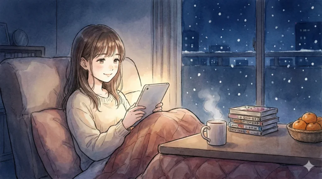 自分に合った動画配信サービスの選び方や各社の特徴をソファで温かい飲み物を片手にスマホで比較している女性