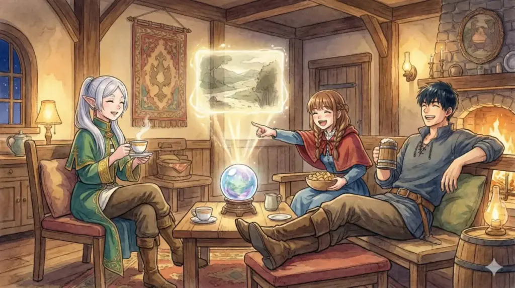 アマプラやNetflixの配信状況を解説し魔法の水晶で映像を楽しむフリーレン一行の団欒