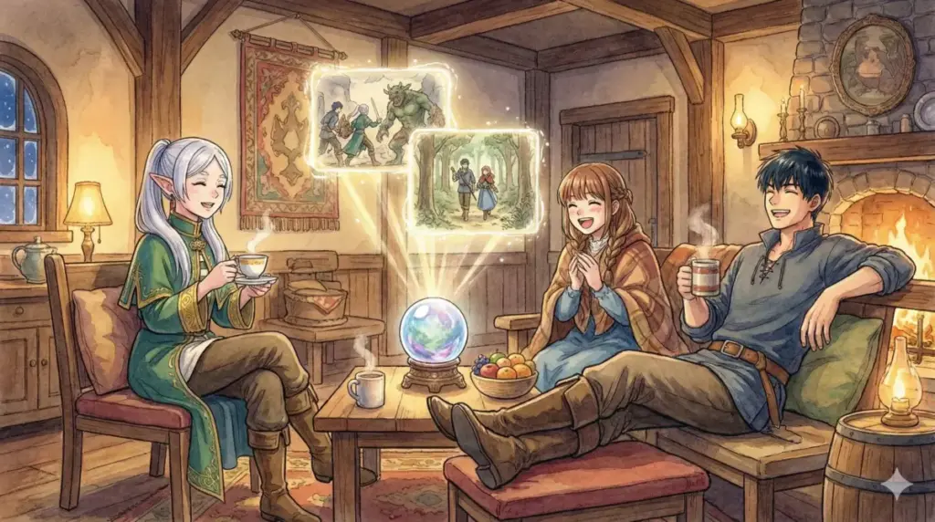 1期無料配信やABEMAの復習ルートを活用し過去の冒険を振り返るフリーレンたちの団欒