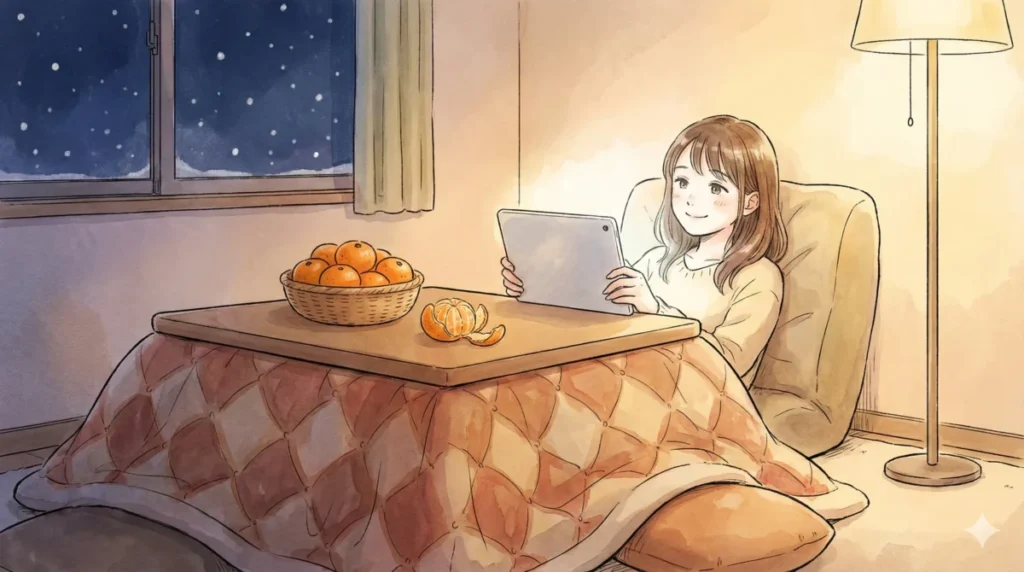 第1期を無料で一気見できる復習ルートや期間限定キャンペーンをこたつでミカンを食べながらスマホでチェックする女性