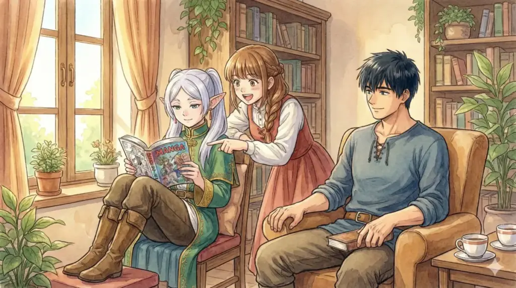 アニメ2期の続きが原作漫画7巻からであることを解説し本を読むフリーレンとフェルンの日常