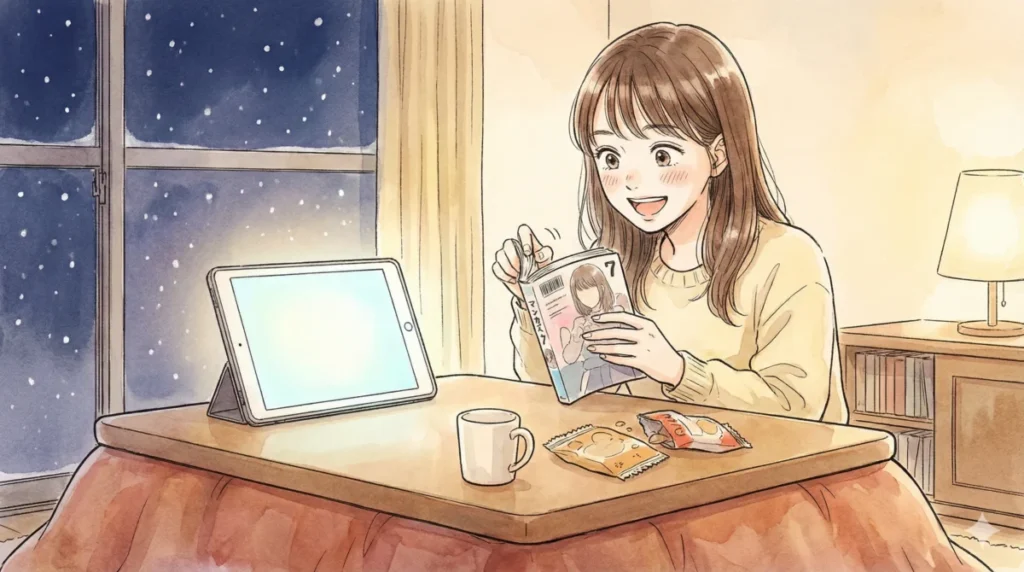 アニメ2期が原作漫画の何巻から始まるかやU-NEXTの活用法についてこたつで驚きながらタブレットで調べる女性