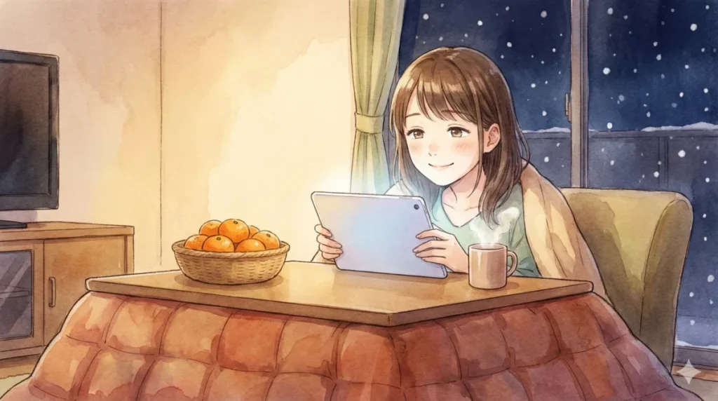 テレビ放送との同時配信や原作の連載状況など、よくある質問の回答をこたつでゆったりとスマホで閲覧する女性