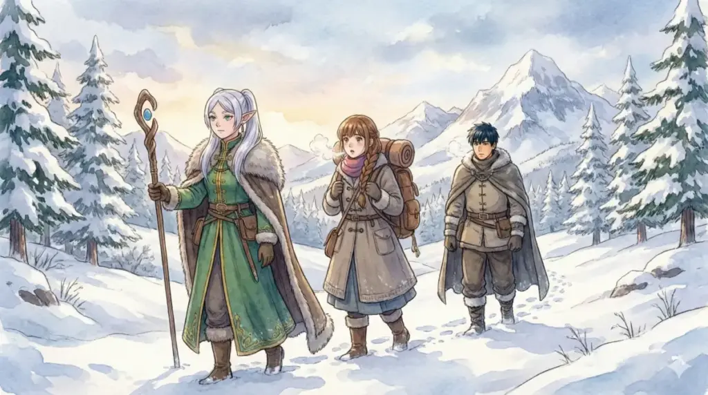 北部高原へ向かう過酷な旅路と2期基本情報を背景に雪道を歩く冬装備のフリーレン一行