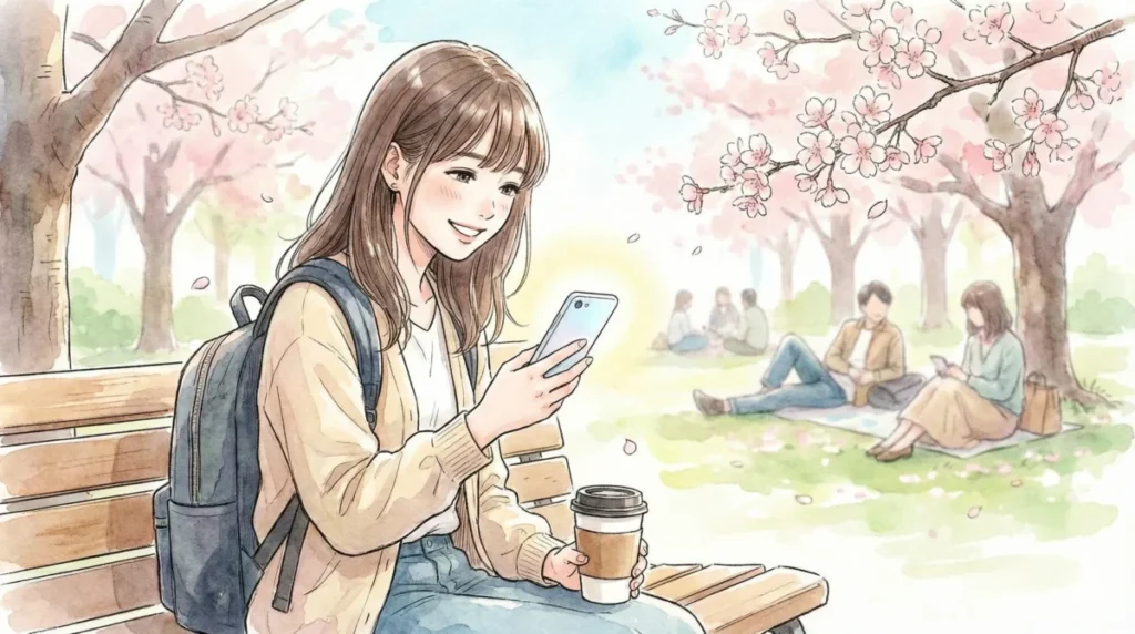 自分に最適な視聴スタイルのまとめを読み終え、新たな旅路への期待に胸を膨らませながら公園でスマホを見る女性