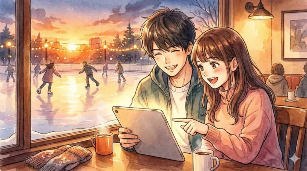 自分に最適な作品が見つかる熱血度や芸術点の成分スコア診断をスマホで楽しそうに選ぶ女性