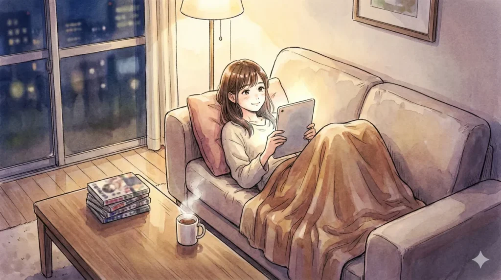 動画配信サービスでのアニメ視聴や漫画購入時のポイント還元のお得な情報をスマホで読む女性