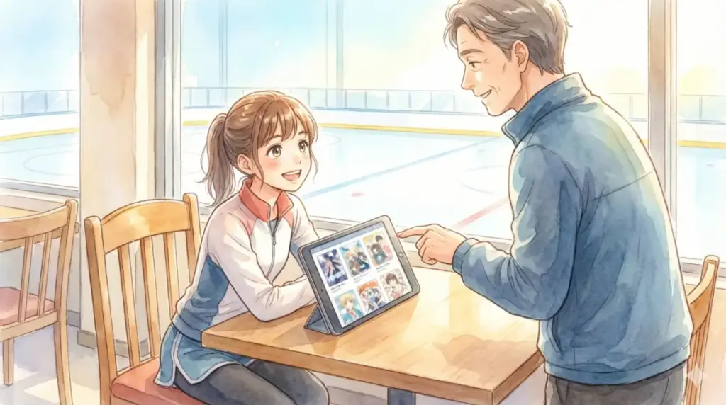 タブレットで作品情報を確認しながらメダリストに関するよくある質問について話す男女のイラスト