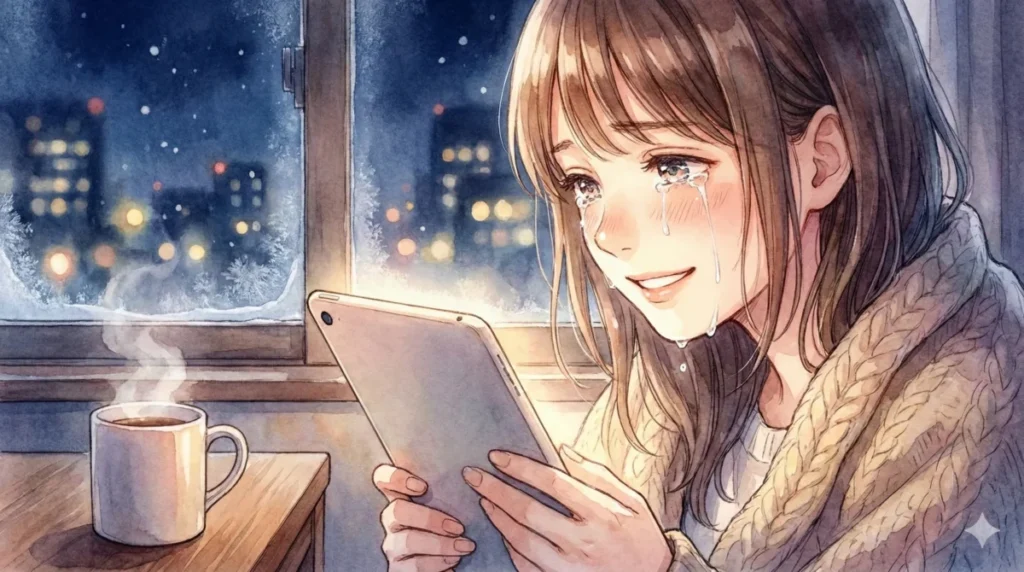 人生を懸けた熱狂や師弟の絆を描く名作まとめと成分チャートをタブレットで読み耽り涙する女性