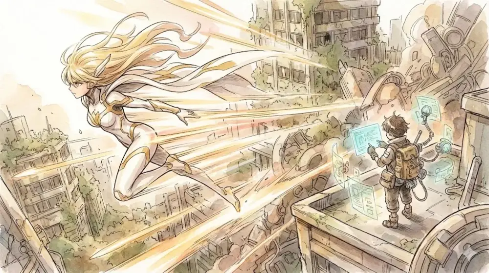 超高速バトルと知略！廃墟都市を駆ける金髪ヒーローと天才少年を描く神回イラスト。