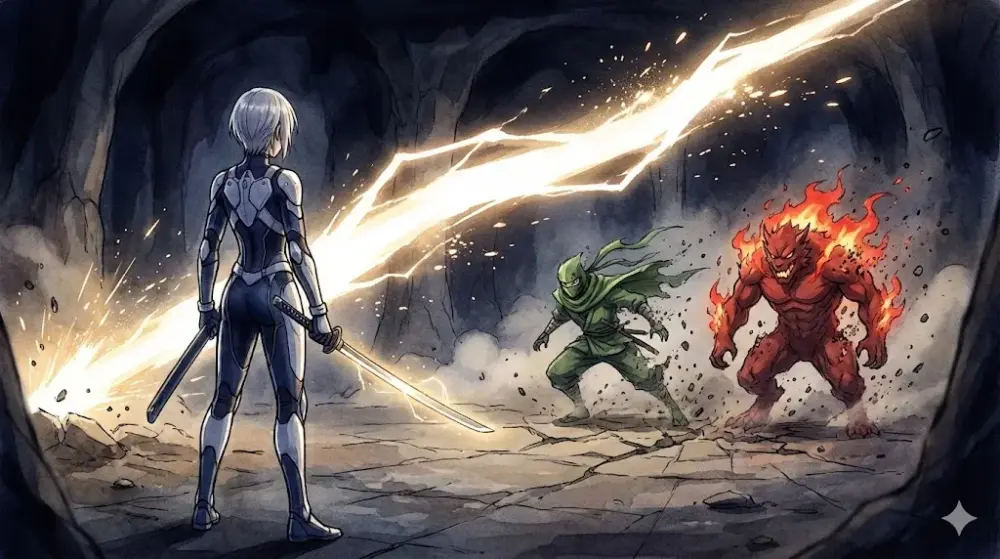 高速バトル!忍者ヒーローが怪人化した元同門と激突する迫力のアニメ調イラスト。