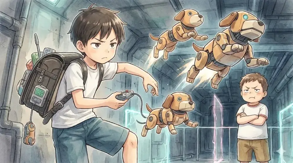 天才少年がランドセルから取り出した合体ロボ(忠犬カマセイヌマン)を操る、知恵と道具の戦いのイラスト。