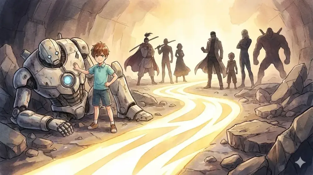 天才少年ヒーローがリモコンで忠犬型メカを操縦する、地下アジトでの知恵の戦い。