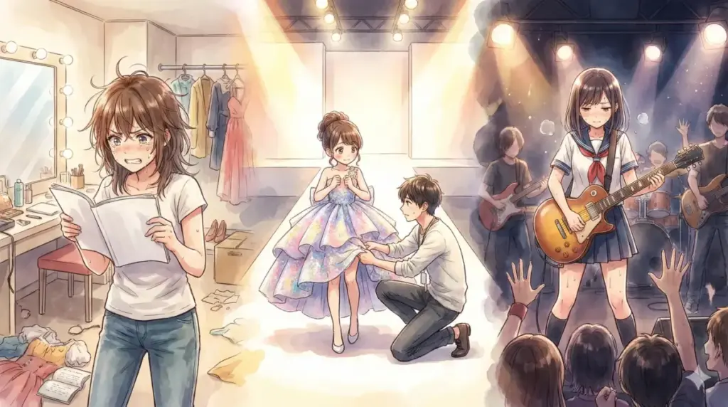 スキップ・ビートやランウェイなどの夢を追う青春と努力を描く推しの子類似作品の集合イラスト