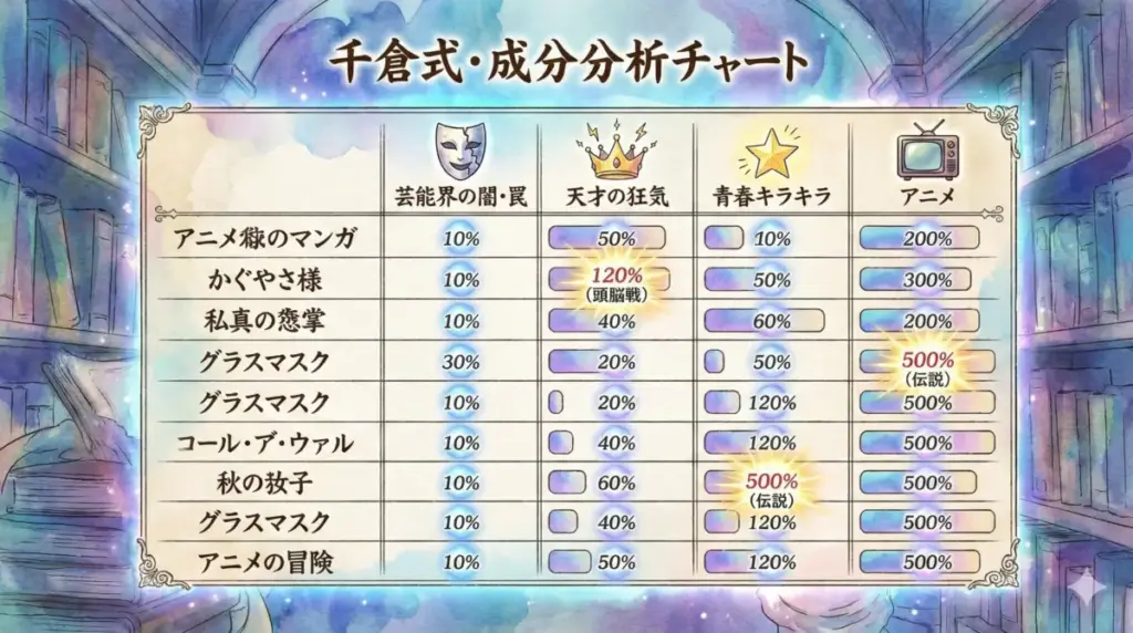 芸能界の闇や天才の狂気などの項目で推しの子類似アニメ漫画10選を数値化した成分分析チャート