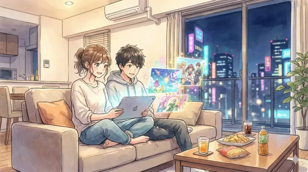 リビングでタブレットを使い推しの子類似作品のアニメ配信を楽しむ男女と名シーンのイメージ