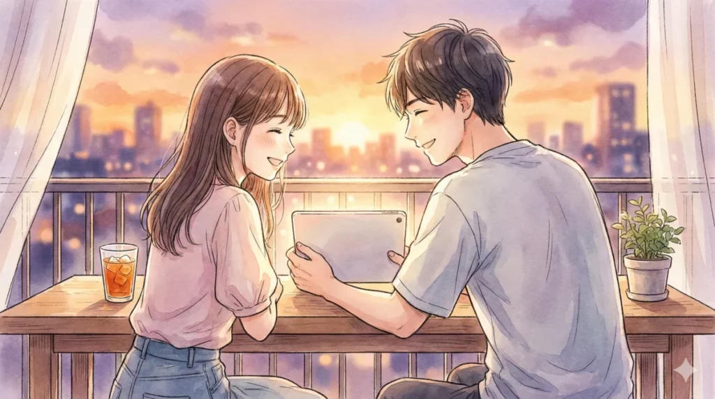 人気作品のアニメ化情報や映像ならではの感動について夕暮れのテラスで語り合う男女