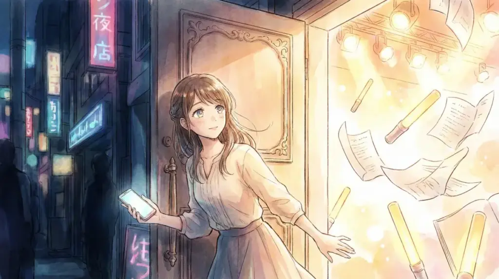 スマホを手に光あふれる扉を開く少女が新しい推しの子類似作品との出会いを象徴するまとめ画像