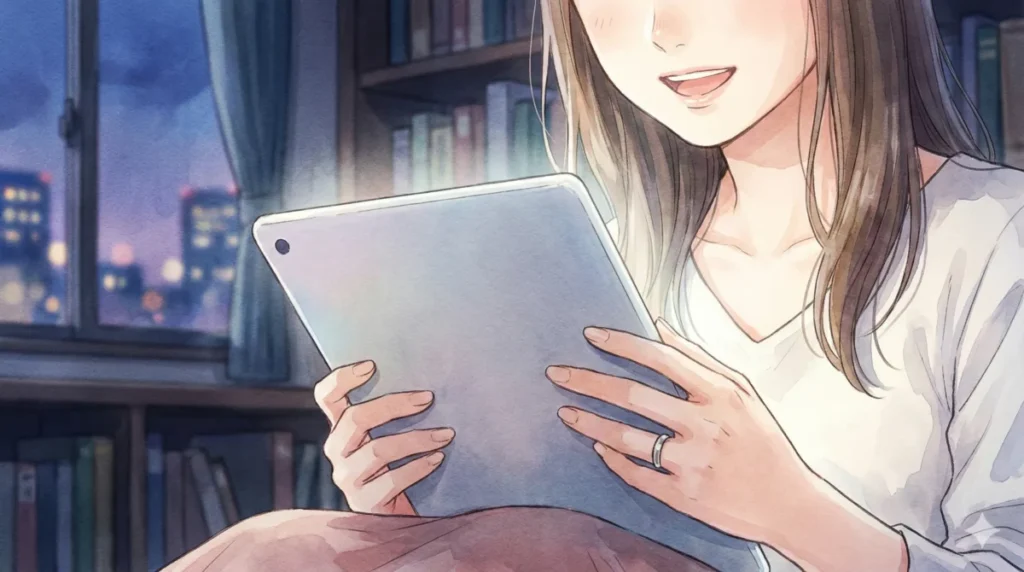 嘘と真実の狭間にある作品の魅力や真実を追う執念のまとめ記事を夜にタブレットで読む女性