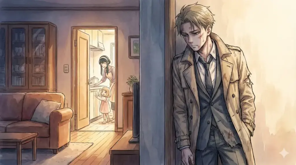 完璧を求める孤独なスパイのロイドが家族の温もりを背に生き残れない世界の厳しさを独白する場面