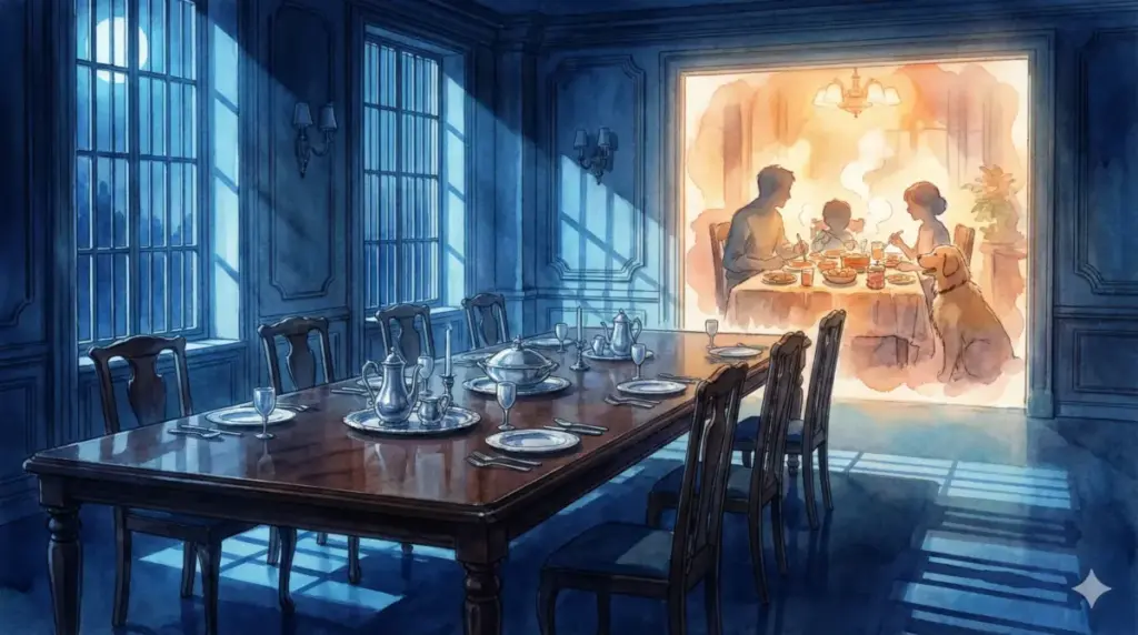 4期制作への希望と温かいフォージャー家とは対照的な冷徹なデズモンド家の食卓を対比させた構図