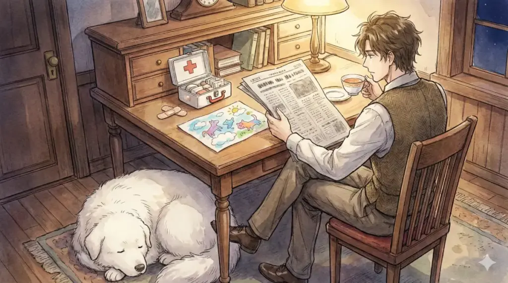 右腕の怪我を隠しユーリの追及を逃れたロイドが自室でボンドの絵を見ながら休息するQ&A用画像